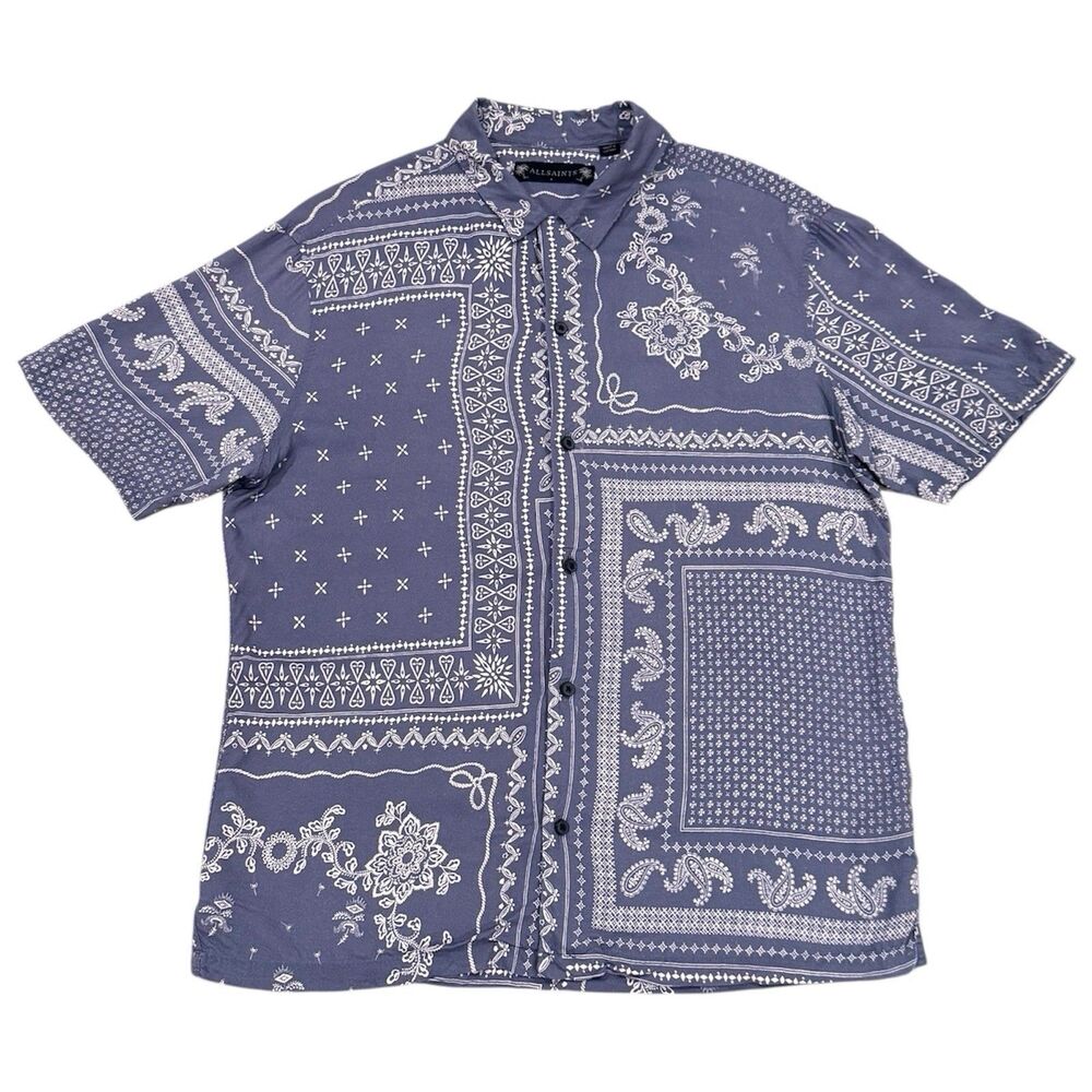 AllSaints Blue Bandana Print Short Sleeve Button-Down Shirt